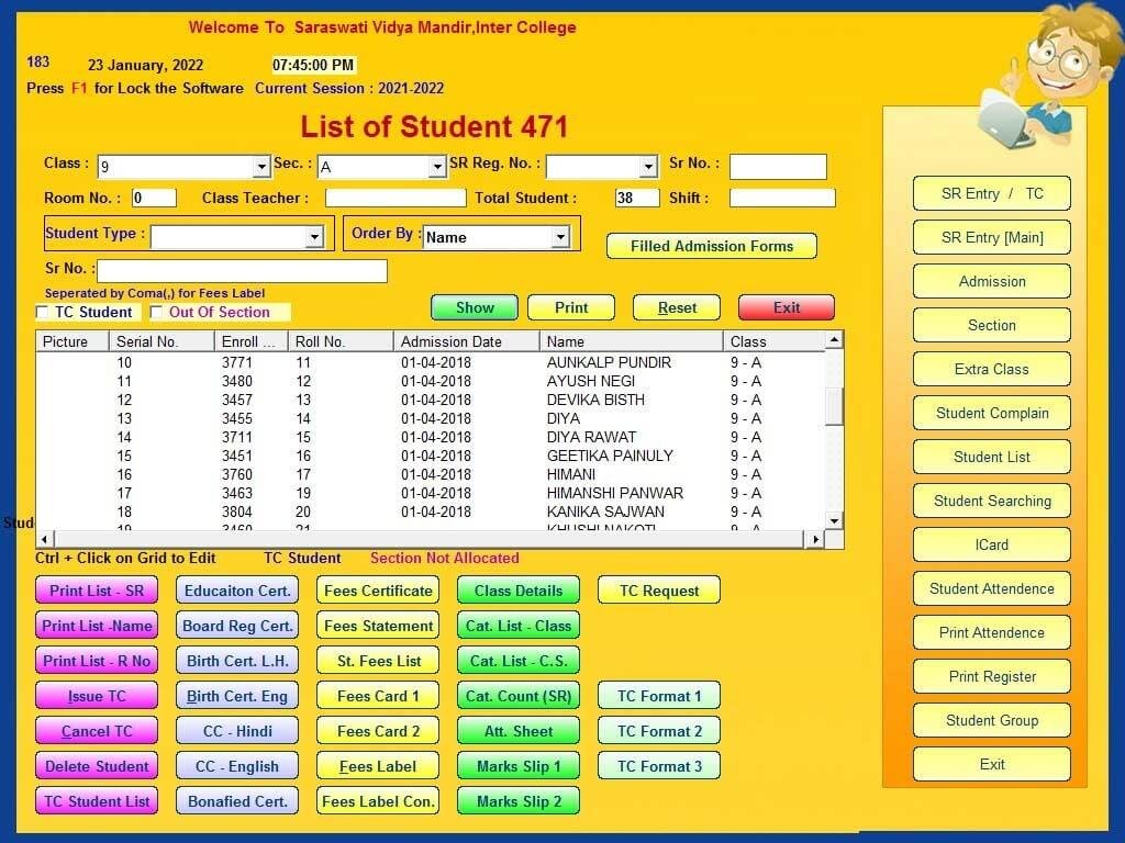 Student List & Various Certificates